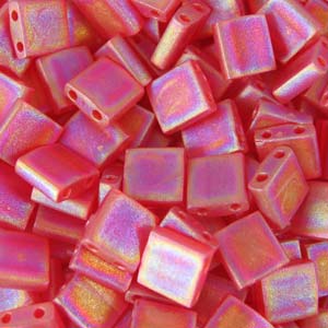5mm Square Tila Bead, Frosted Ruby AB